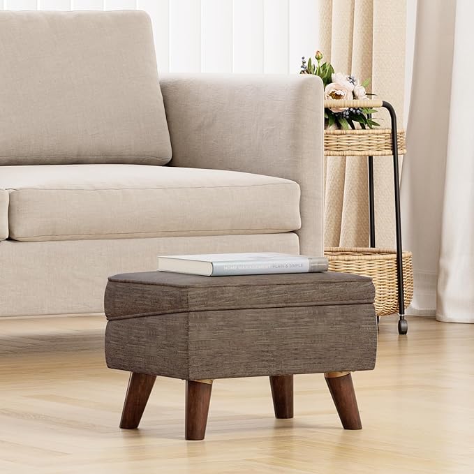 FAGAGA Small Footstool Ottoman with Adjustable Lid, Modern Storage Ottoman, Foot Rest for Couch, Foot Stool with Sturdy Wood Legs for Living Room, Bedroom, Enterway, Brown