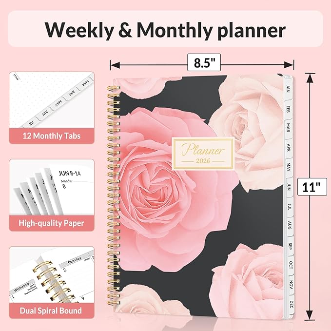SUNEE 2026 Planner, Weekly and Monthly Calendar Planner, January 2026-December 2026, Daily Agenda with Tabs, Note Pages, Spiral Binding, 8.5"x11", Colorful Flowers