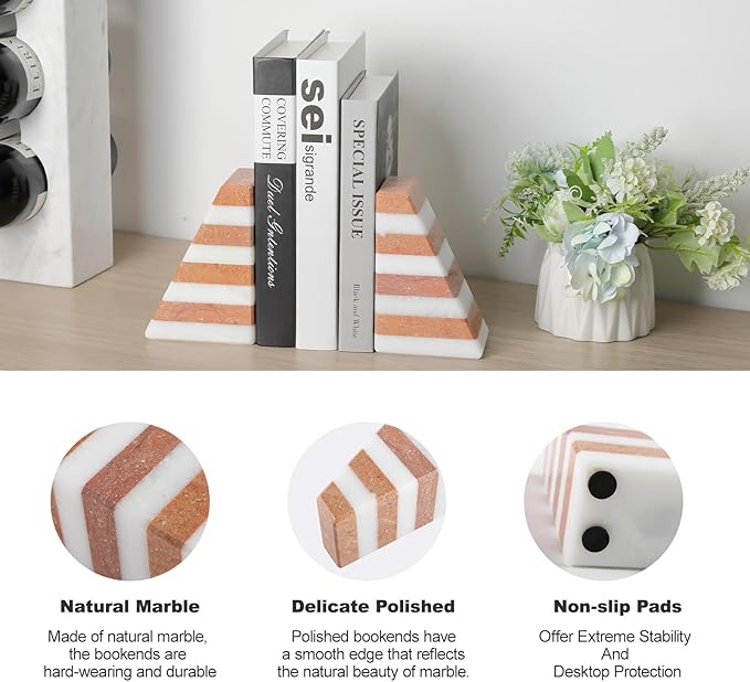 Karibiber Marble Book Ends, Non-Skid Bookends for Shelves, Composite Bookend with Natural Stone, Heavy Duty Book Stopper, Collected CDs and Oversized Books Organizer, White & Red Decorative Bookends