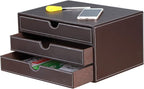 RHCSZ Stackable 3-Drawer Desk Organizer, Executive Office Supplies Desktop Filing A4 File Cabinet/Holder, Leather Storage Box for Document/Paper/Home Decor Accessories (brown)…