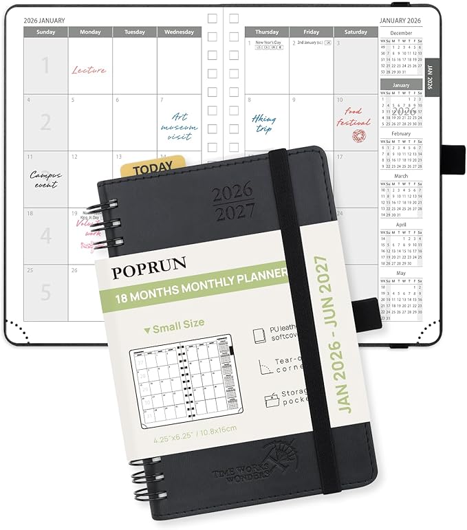 POPRUN Pocket Monthly Planner 2026-2027 (Small Size 4.25" x 6.25") 18 Months Calendar Book(Jan 2026 - Jun 2027) - 4 Pages per Month with Expense & Notes, Leather Cover, Sunday Starts - Black