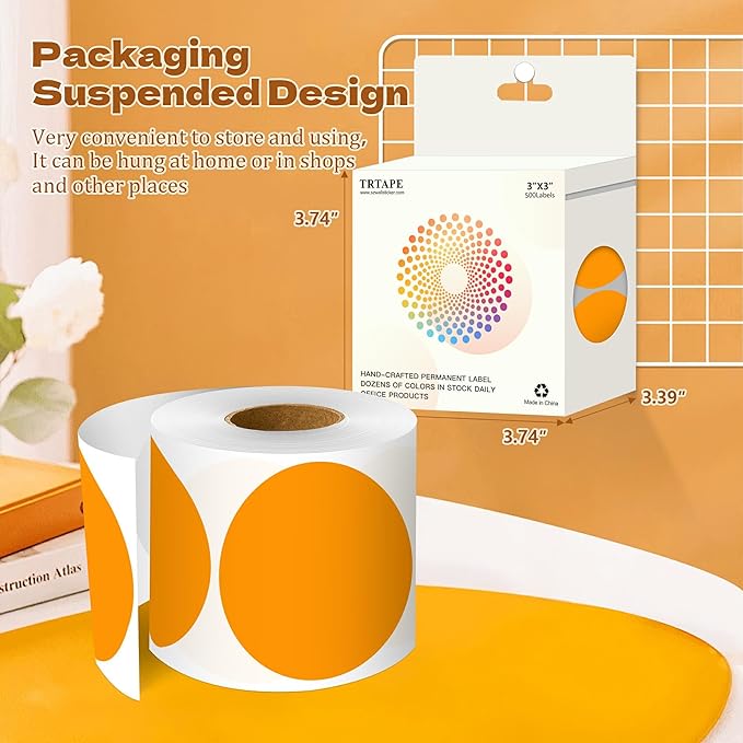 3 Inch Round Color Coding Labels (500 per Roll) - Colored Dot Stickers Round Labels for Inventory, Warehouse, Office Organizing - Orange Circle Stickers