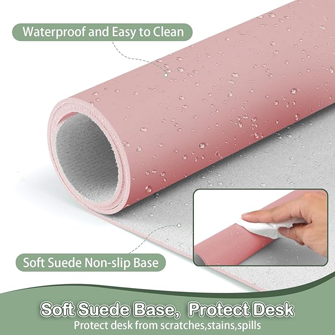 Boutilon Leather Desk Pad Protector,Non-Slip Mouse Pad,Laptop Desk Pad,Office Mouse Mat,Waterproof Leather Desk Blotter,Desk Writing Pad for Office and Home (XXL-Pink,47.2"x 17")