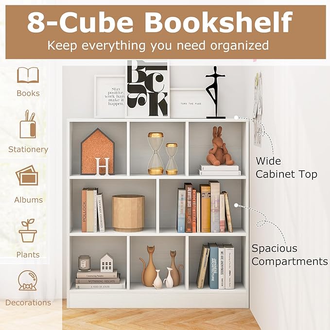 Tangkula 8-Cube Bookshelf, 39.5”L Floor Bookcase with 2 Anti-Tipping Kits, Freestanding Storage Organizer, 4-Tier Display Shelf for Home, Office & Dorms, Natural/White (White, 8-Cube)