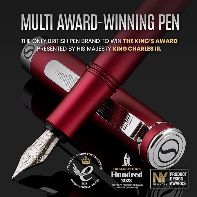 Scriveiner Luxury EDC Fountain Pen (Medium), Matt Red Pocket EDC with Chrome Finish, Schmidt German Nib, Converter, Best Writing Gift Set for Men & Women, Fancy Pen for the Office & Journaling