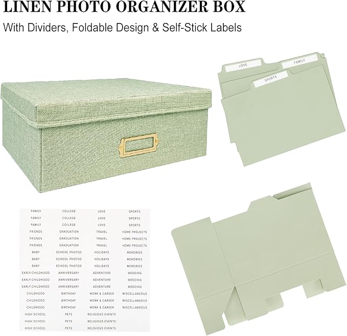 Sprsthai Linen Photo Storage Box – Holds 1700 Photos, 24 Adjustable Dividers & 72 Labels Multi-Use Organizer for Photos, Envelopes, Recipes Beige