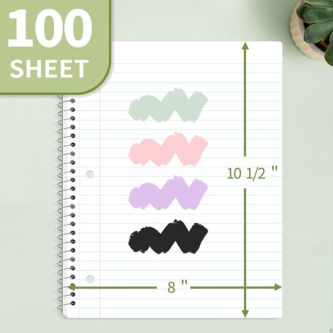 SUNEE Spiral Notebook, 1-Subject, Wide Ruled Paper, 8" x 10-1/2", 100 Sheets per Notebook, 3-Hole Punched Paper, Water Resistant Cover, Double-sided Pockets, Spiral Lined Notebooks for School, Green