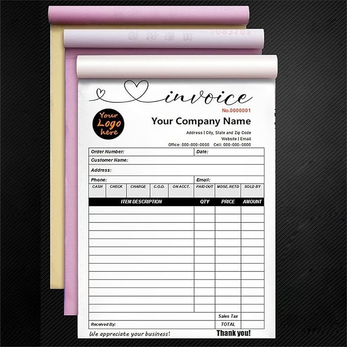 Custom Invoice Book in 3-Part /2-Part Receipt Book with Carbon Copies Personalized Carbonless Service Invoice Form Books Sales Order Book with Company Name Logo Address,F-Invoice Book with Logo