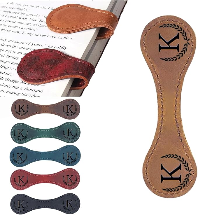 Personalized Magnetic Leather Bookmark, 26 Letters Custom Leather Bookmarks, Handmade, Leather Magnetic Bookmark for Book Lovers Readers Women Kid(Dark Yellow，K）