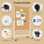 Double-Sided Corkboard Whiteboard, 32 x 48 Inches Dry Erase Board on Wheels, Height Adjustable, Portable Freestanding Board for Office, Planning, and Presentations (Cork & White)