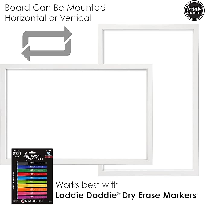 Loddie Doddie Magnetic Dry Erase White Board - 24 x 36 in White Frame - Built-in Tray & Dry Erase Board for Wall - Stain-Resistant Surface - Vertical & Horizontal Mounting on Magnetic Wall