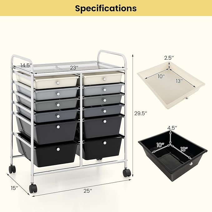 Giantex 12 Drawer Rolling Storage Cart Tools Scrapbook Paper Office School Organizer (Black Gradient)