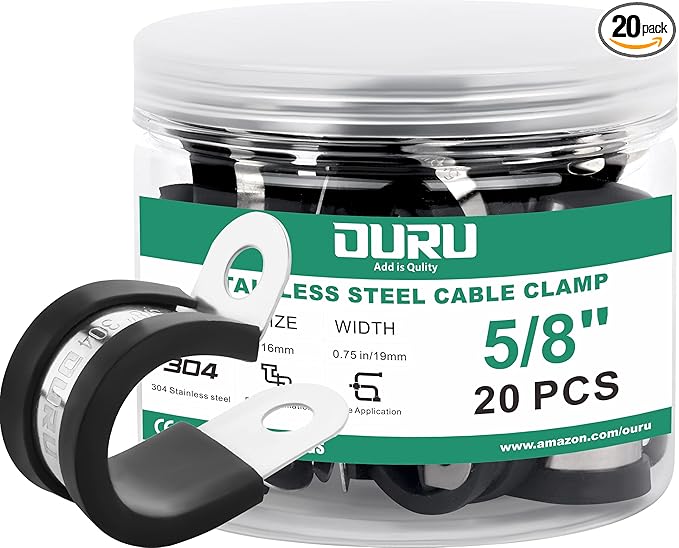 OURU 20pcs 5/8 Inch Stainless Steel Cable Clamps,Rubber Coated Cushioned Insulated Cable Clamp,Automotive Cable Wire Clamps,Pipe Clamps,Metal Clamp for Tube,Lines,Wire Cord Installation(Black,16mm)