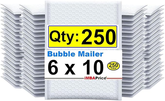 iMBAPrice 6x10 Inch White Poly Bubble Mailers, 250-Pack #0 Self-Seal Padded Envelopes, Waterproof, Opaque Mailing Bags for Small Business Shipping, Jewelry, Makeup & Small Items