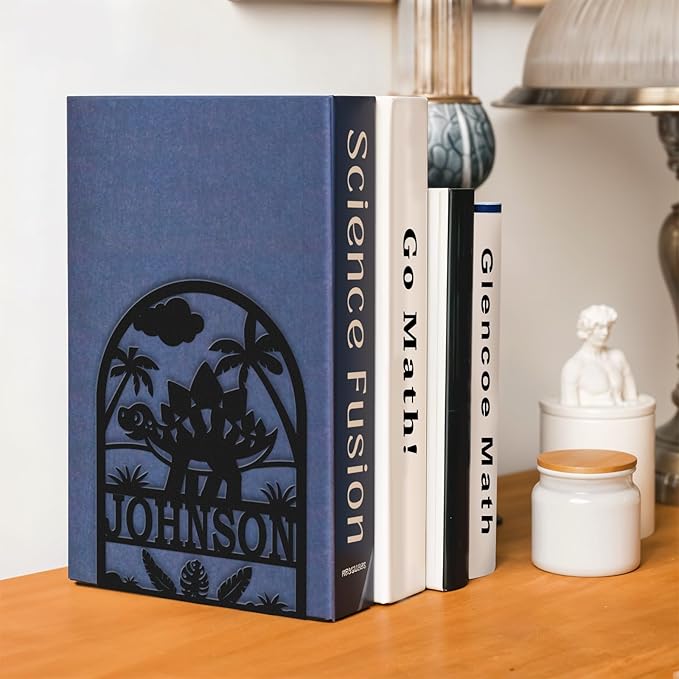 Personalized Name Book Ends Metal, Heavy Duty Bookends for Shelves Decorative, Dinosaur Non-Slip Book Stopper, Modern Bookshelf Decor for Home Office Desk, Gifts for Readers Color08