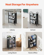 VEVOR Rolling Library Book Cart, 330 lbs Capacity, 30.3 x 15 x 48.0-Inch Library Cart, Single Sided L-Shaped Shelves with 3-Inch Lockable Wheels, Book Truck for Home Shelves Office and School, Black