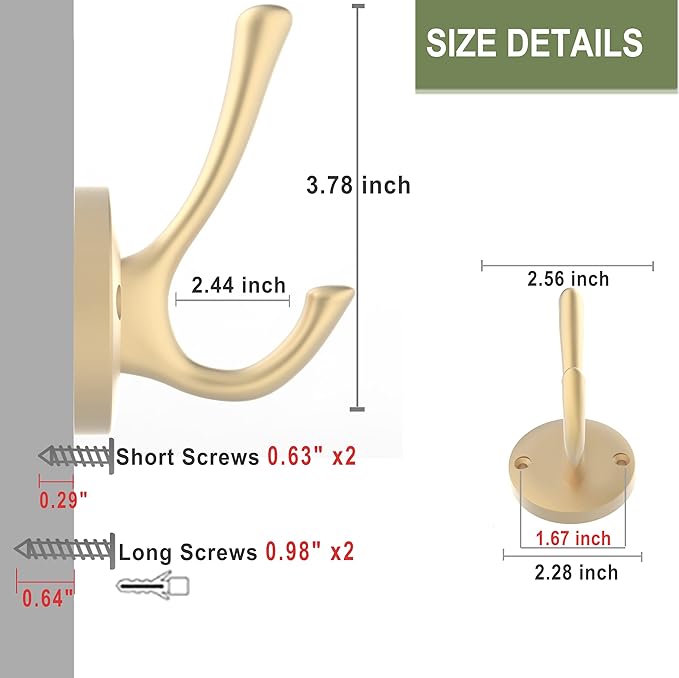 TOFIIGREM Gold Coat Hooks for Wall, 2 Pack Heavy Duty Towel Robe Hooks, Hats Hooks for Entryway Cubicle Closet Mudroom Bathroom Garage