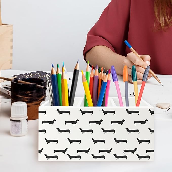 QZQE Black Dachshund Pen Pencil Holder Organizer for Desk, Weiner Dog Gifts Wooden Box Signs Decorations for Home Office Desk Tabletop, Dachshund Lovers Gifts for Women Men