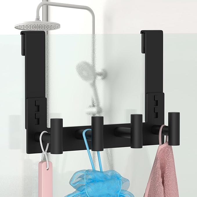 PMMASTO No-Drill Extra Long Shower Hooks, Fits 3/8" Thick Door, Heavy Duty Stainless Steel Towel Hooks for Frameless Glass Shower Door, Holds Bathrobe Towel (Black, 4 T-Hooks)