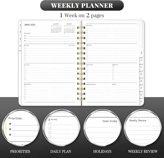 2026 Planner, Weekly and Monthly Planners with Tabs, A5 Spiral Bound Daily Calendar 2026 Planner, 12 Month Agenda Organizers from Jan. to Dec., Flexible Cover Appointment Book(Black Gold Flower)
