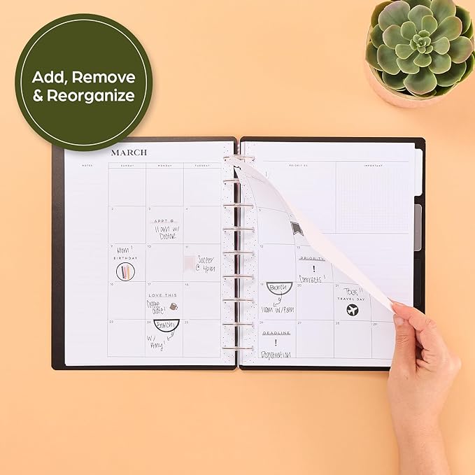 Happy Planner Undated Plans + Notes Monthly Planner Notebook Journal, 12-Month Planner, Modern Texture, Classic Size, 60 Pages, 4 Dividers, 4 Sticker Sheets, 7" x 9.25"