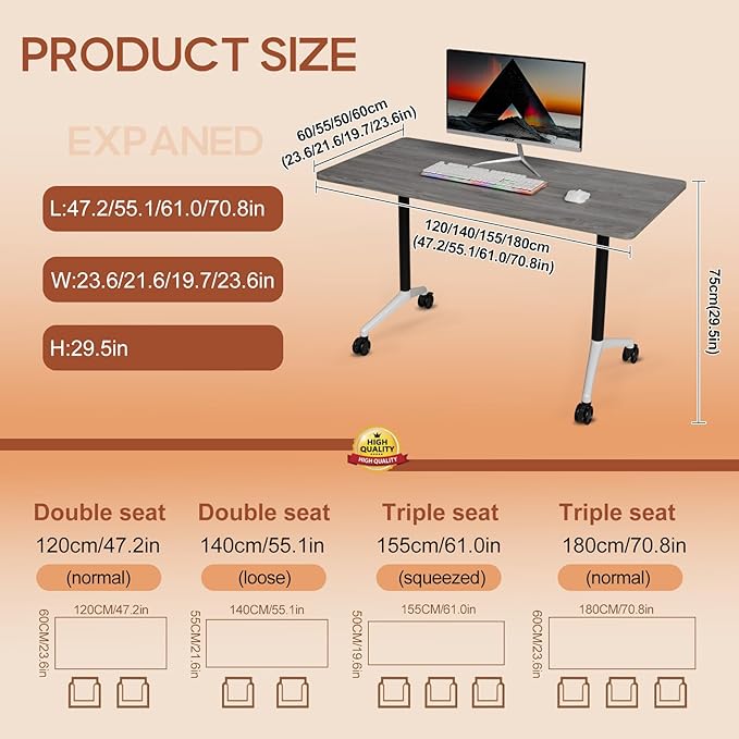 Folding Conference Table 4ft 5ft, Foldable Office Meeting Desk for 6 People, Multiple Sizes Colors Mobile Conference Room Table for Training Room School Business Furniture (6, Grey, 47in)