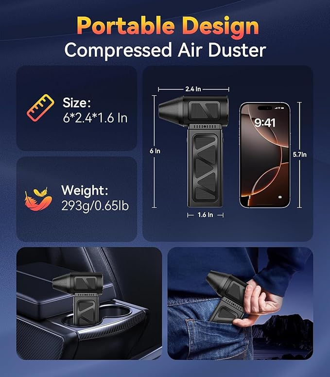 YUHUO Upgraded Compressed Air Duster, 360000 RPM Electric Air Duster with 5 Gear Power Motor, 8000mAh Rechargeable Cordless Mini Blower Jet Turbo Fan Replace Air Can for Computer Keyboard Car Outdoor