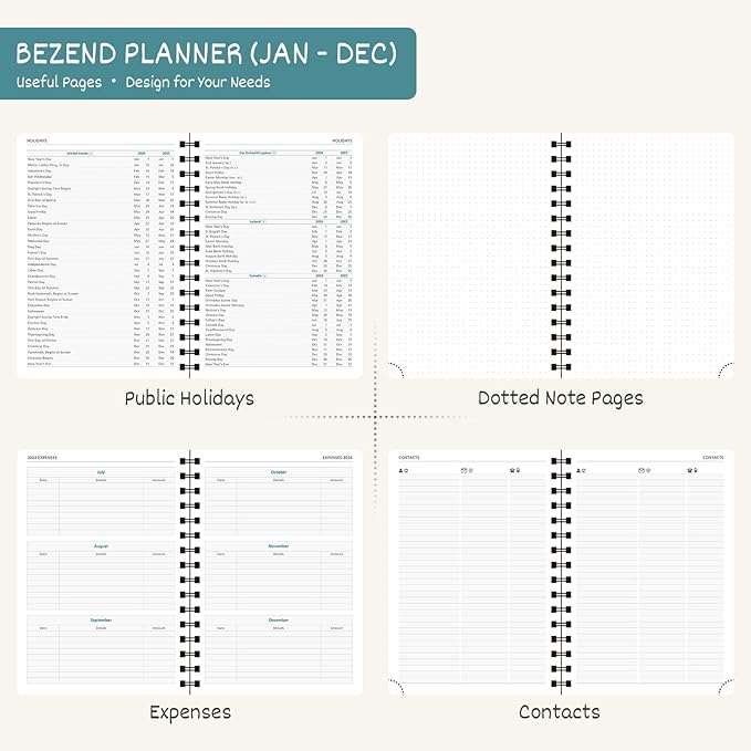 BEZEND 2026 Planner Weekly and Monthly (6" x 8.5" Spiral) Daily Calendar with Hourly Timeslots & Tabs (Jan-Dec) Note & Expenses, Pen Holder, Inner Pocket, Vegan Leather Softcover - Black