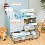 QIYVLOS Desk Organizer with 3 Drawer, Multi-Functional Pencil Pen Holder for Desk, Desk Organizers and Storage with 8 Compartments, Desktop Organizer for Office Home Art Supplies (Blue)