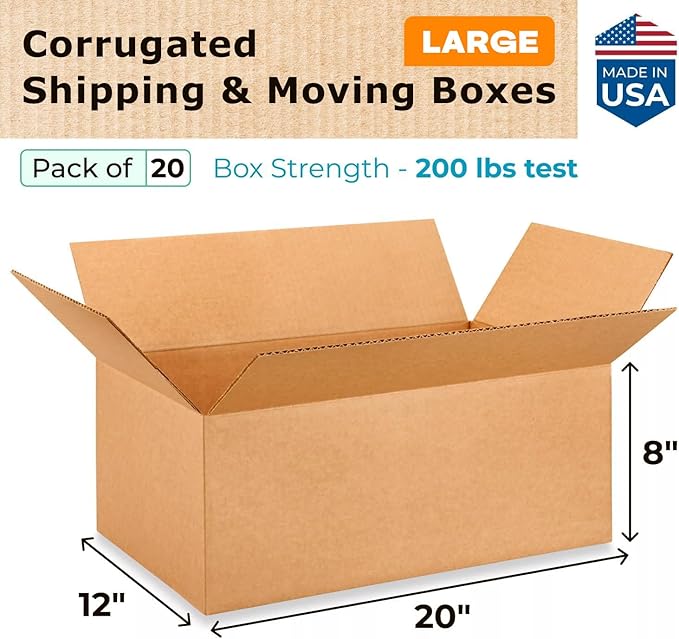 Large Shipping & Moving Boxes 20"L x 12"W x 8"H (20-Pack) - Extra Strength 200 lb vs Regular - Corrugated Heavy-Duty Large Moving Boxes - Packing Box for USPS, FEDEX - Big Box by IDL Packaging