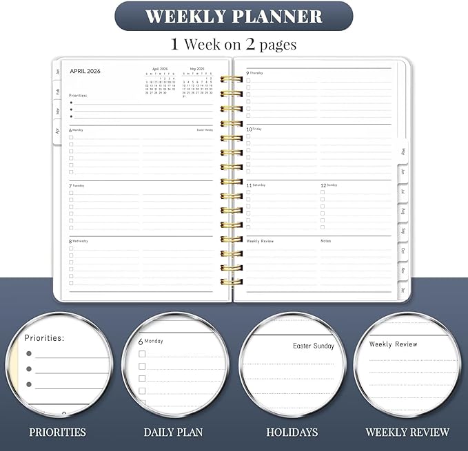 2026 Planner, Weekly and Monthly Planners with Tabs, A5 Spiral Bound Daily Calendar 2026 Planner, 12 Month Agenda Organizers from Jan. to Dec., Flexible Cover Appointment Book(Smill Sun)