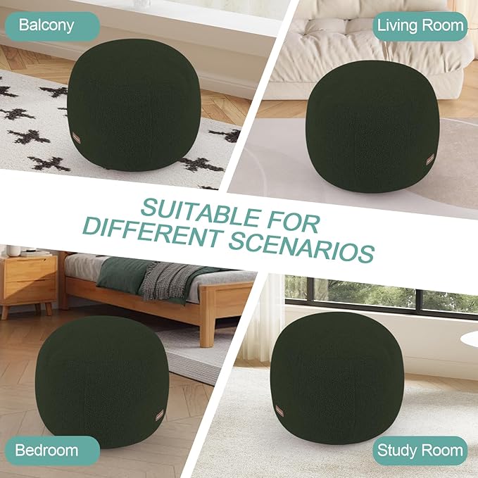 MeMoreCool Stuffed Round Pouf Ottoman Foot Rest, Floor Pouf Foot Stool with Soft Foam Chunk Filling, Small Round Ottoman Footstool Circle Footrest for Living Room, Green