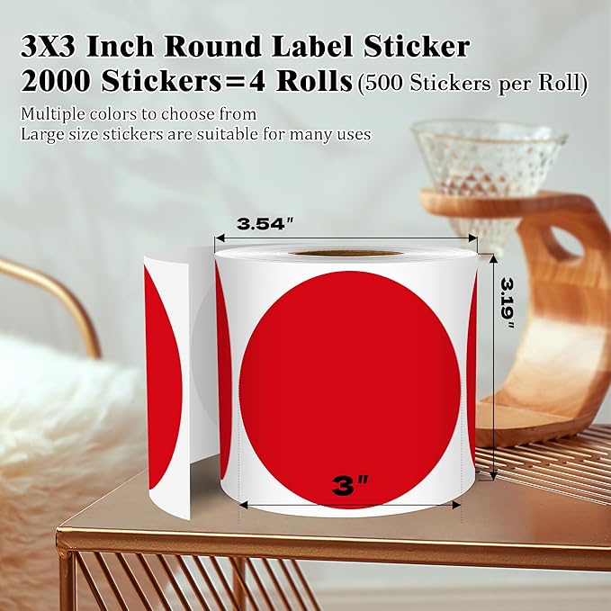 3 Inch Round Colored Dot Stickers, 2000 PCS, 4 Rolls in Dispenser Box - Red Circle Color Coding Labels Dot Labels for Office, Home, Inventory Organizing
