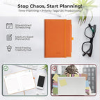 IN-LUXPRO Daily Planner 2026 with One Page Per Day,(A5-8.5" x 5.9"),12 Months Calendar Hourly Appointment Book Monthly Tabs & Self-adhesive Pen Holder,Inner Pocket, Vegan Leather Hardback,Orange