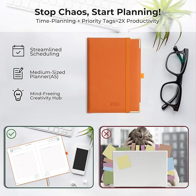 IN-LUXPRO Daily Planner 2026 with One Page Per Day,(A5-8.5" x 5.9"),12 Months Calendar Hourly Appointment Book Monthly Tabs & Self-adhesive Pen Holder,Inner Pocket, Vegan Leather Hardback,Orange