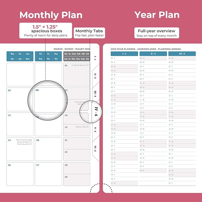IN-luxpro Daily Planner 2026 with One Page Per Day,(A5-8.5" x 5.9"),12 Months Calendar Hourly Appointment Book Monthly Tabs & Self-adhesive Pen Holder,Inner Pocket, Vegan Leather Hardback,Rose Red
