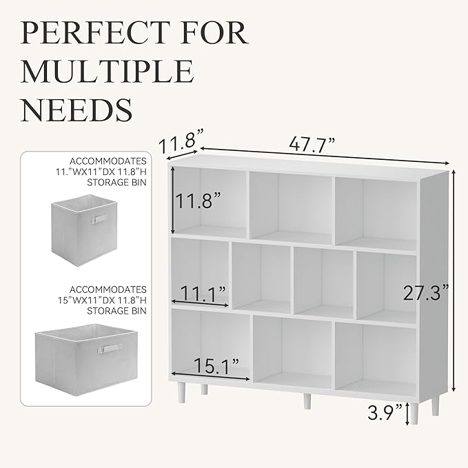 Chyanmoo Wood Cube Storage Organizer White Bookshelf - 3-Tier Freestanding Storage Cabinet with Legs for Home Office, 10-Cubes Open Shelf