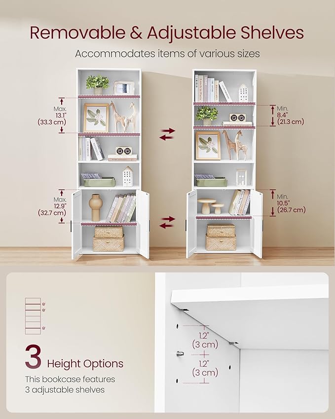 VASAGLE Custos Collection - Bookshelf, 6-Tier Tall Bookcase, Book Shelf with Doors, Open Storage Shelf, 9.4 x 23.6 x 68.9 Inches, for Living Room, Home Office, Dining Room, Cloud White ULBC402W01
