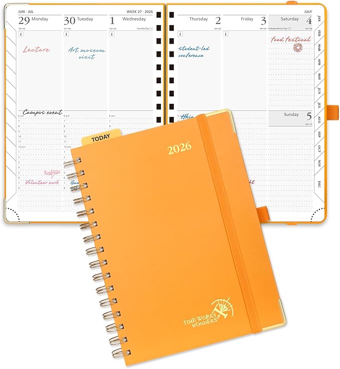 POPRUN 2026 Planner Daily Weekly and Monthly Calendar with Hourly Schedule(Medium Size 8.5'' x 6.25'' Wire-Bound Hard Cover) - Agenda 2026 (Jan.2026-Dec.2026), Monthly Tabs - Orange