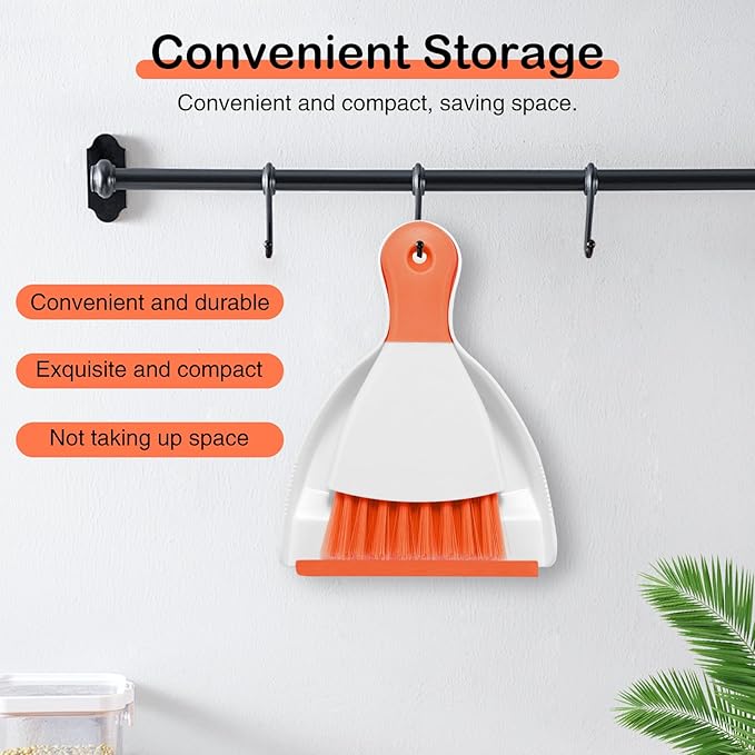 NACENA Mini Dustpan and Brush Set 2 Pack, Small Broom and Dustpan Set Dust Pan and Mini Hand Broom Dustpan and Broom Combo Compact for Home Table Keyboards Sofa Kitchen, Orange