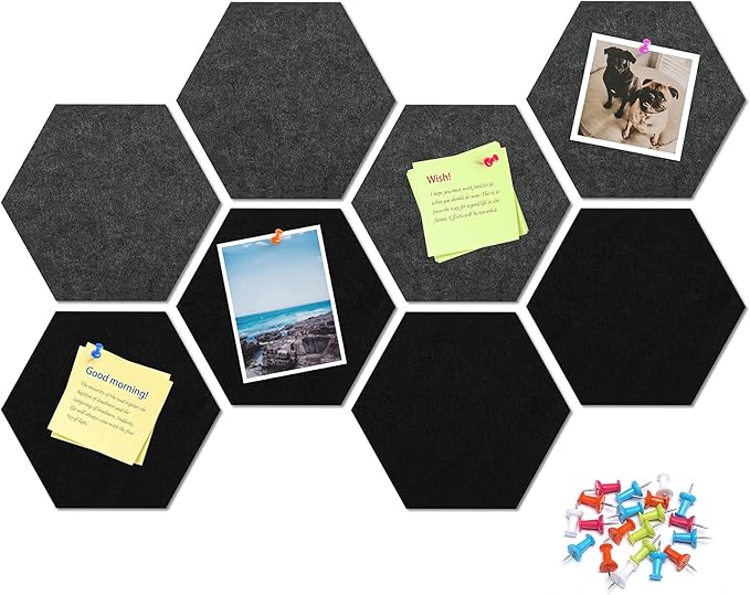 Uoisaiko 12" Large Bulletin Board with 30 Push Pins, Pack of 8 Hexagon Felt Pin Board Notice Boards for Home Office, Felt Wall Tiles for Photos Memos