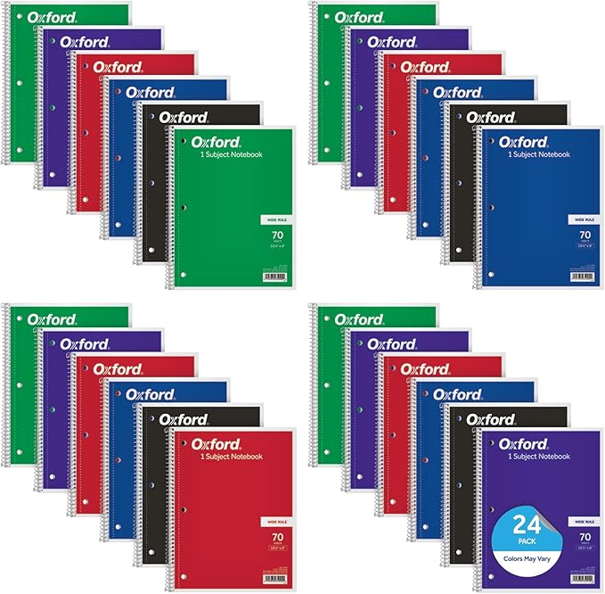 Oxford Spiral Notebooks, 1 Subject, Wide Ruled Paper, 70 Sheets, 24 per Pack, Colors May Vary (65000)
