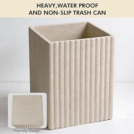 DoveeDosa Black Luxury Stone Bathroom Trash Can, Modern Bathroom Office Trash Can, Resin Wastebasket, Garbage Receptacle Bin for Bathrooms, Offices, Powder Rooms, Kitchens (Square Beige)