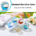 Glass Ocean Waves Ball Paperweight, Hand Blown with Blue, Gold & White Bubble Decoration for Home and Office