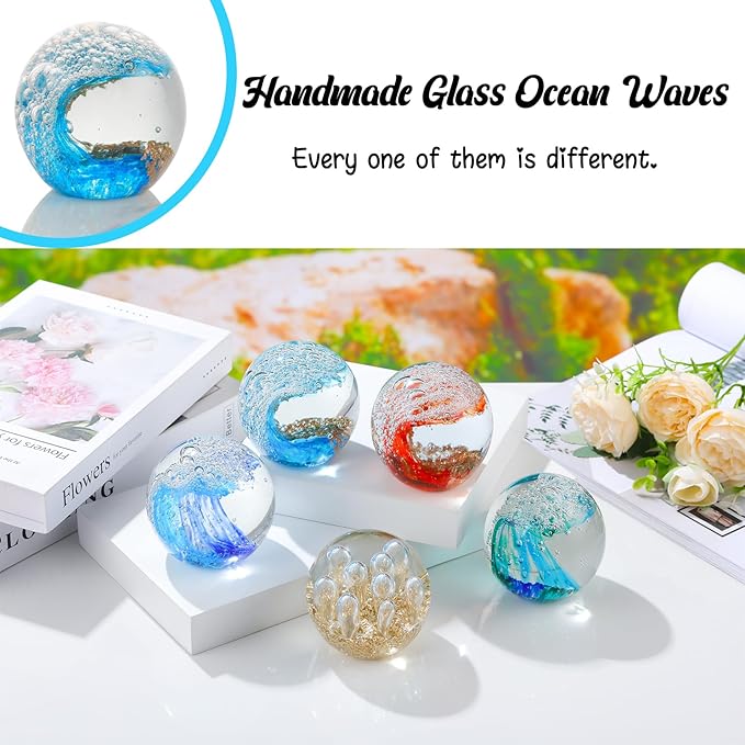 Glass Ocean Waves Ball Paperweight, Hand Blown with Blue, Gold & White Bubble Decoration for Home and Office
