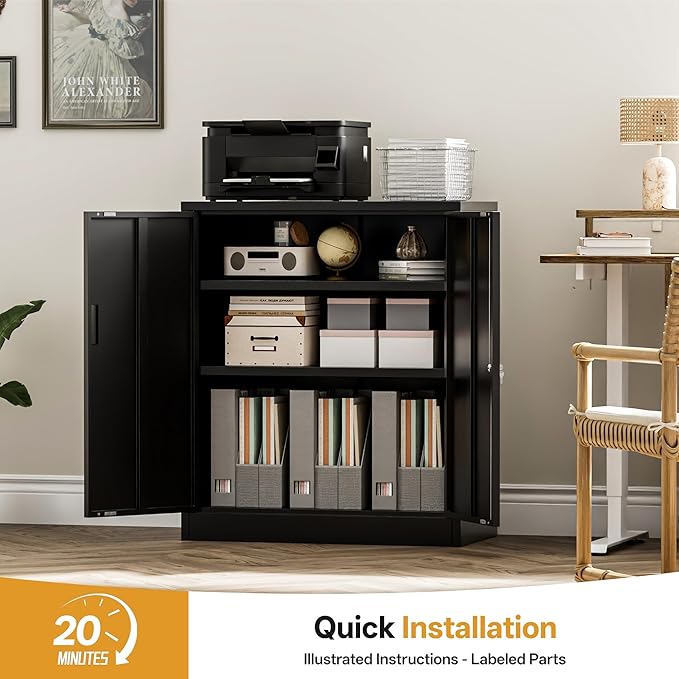 TaskStorz Metal Garage Storage Cabinets，Metal File Cabinet with 2 Adjustable Shelves, Lockable Storage Cabinets for Office, Home, Garage, Warehouse 36" H x 31.5" W x 15.7" D (Black)