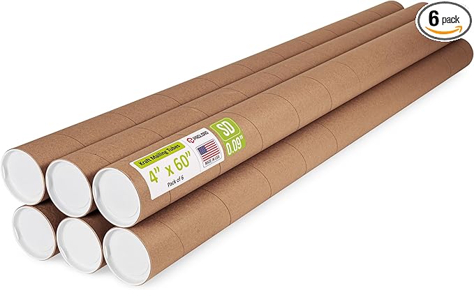 Paclord 4" x 60" Reinforced Kraft Paper Mailing Tube, Pack of 6 Tubes with 12 Caps – Secure USPS Approved Poster Tube – Cardboard Tube for Shipping and Storing Posters, Prints, Artwork, or Documents
