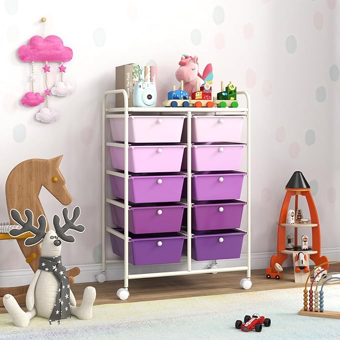 GOFLAME 10-Drawer Rolling Storage Cart, Art Craft Storage Organizer on Wheels, Multipurpose Movable Utility Cart for School, Office and Home, Purple Gradient