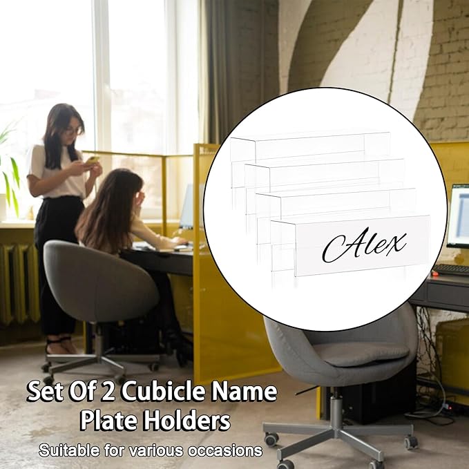 2X8 PET Cubicle Name Plate Holders Cubicle Name Plate Sign Holder Wide 2.2 in Name Plate Bracket Double Sided Nameplates for Walls Material Changeable Cubicle Name Plate Holder for School Office (4)