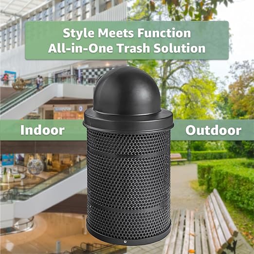 Zedfire 32 Gallon Perforated Waste Bin with Plastic Dome Lid, Steel Outdoor Heavy-Duty Commercial Trash Can, Round Recycle Container, Durable Garbage Can for Parks, Municipalities, Parking, Schools